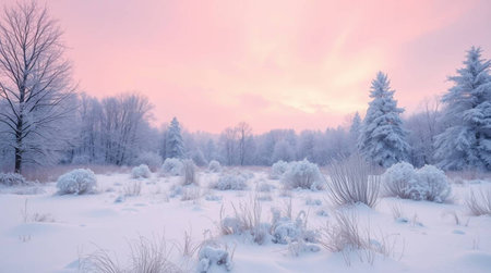Beautiful winter landscape with snow covered trees in the park at sunsetの写真素材