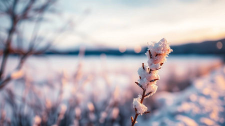 Frozen grass in the winter at sunset. Beautiful winter landscape.
