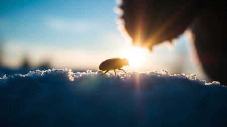 Silhouette of a beetle on the snow in the rays of the sunの写真素材