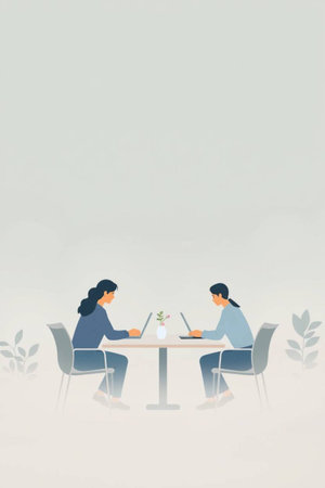 Two women sitting at the table and working on a laptop. Vector illustration.