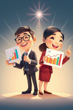 business man and woman with graph chart in hand,3d rendering