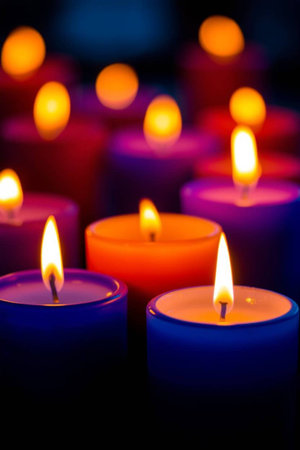 Burning candles in the dark. Selective focus. Shallow depth of field.の写真素材