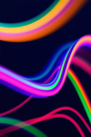 abstract background with rainbow colored lines on a dark blue background.の写真素材