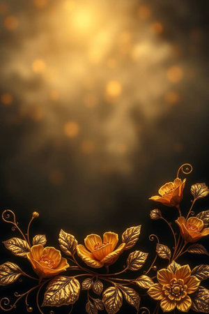 floral background with gold roses and bokeh lights on blackの写真素材