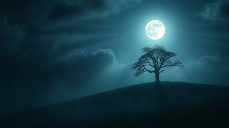 Lonely tree on hillside at night in full moon lightの素材