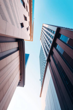 Low angle view of modern skyscrapers against blue sky background.の写真素材