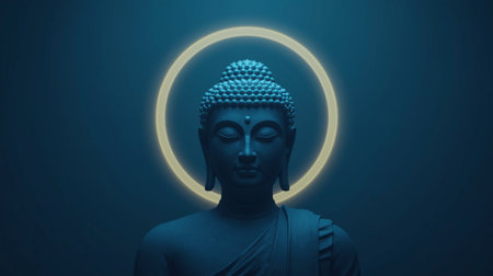 Buddha statue in blue light, 3d rendering. Computer digital drawing.の素材