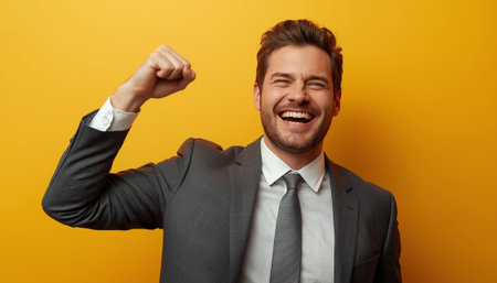 Portrait of a happy young businessman celebrating success isolated over yellow backgroundの素材