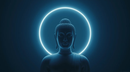 Buddha statue with neon circle on blue background. 3D renderingの素材
