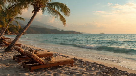 Beach chair on the sand with palm trees and sea in the backgroundの素材