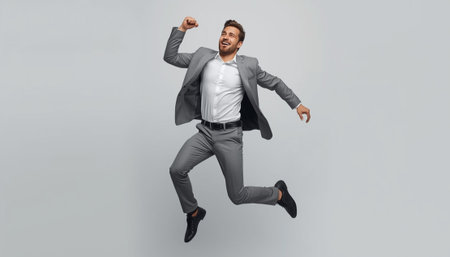 Full length portrait of a happy young businessman jumping isolated over gray backgroundの素材
