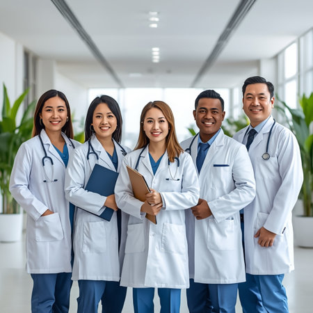 group of smiling medical doctors with stethoscopes standing in hospitalの素材