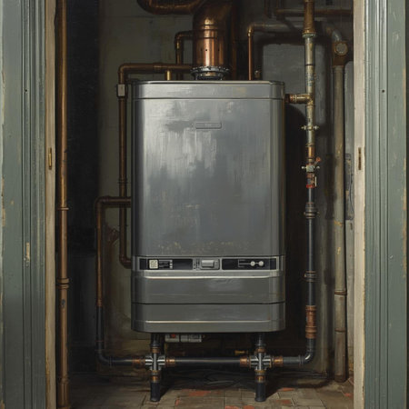 Stainless steel gas boiler in an old factory. Concept of heating.の素材