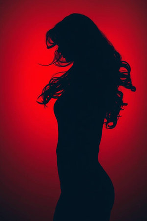 Silhouette of a beautiful sexy woman on a red background.の素材
