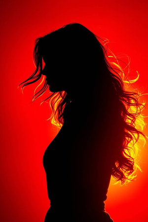 Silhouette of a beautiful woman with long wavy hair.の素材