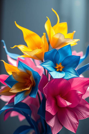 Colorful tulips bouquet in blue, yellow and pink colorsの素材