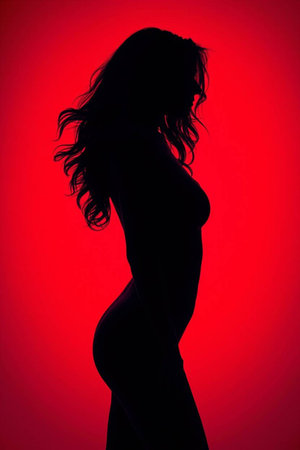 Silhouette of a beautiful pregnant woman on a red background.の素材