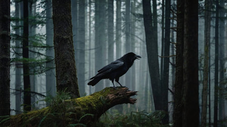 Crow in a foggy forest at dawn. Black crow sitting on a tree trunk.の素材