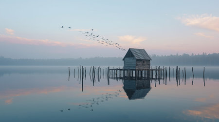 Birds flying over a wooden house on a lake in the morningの素材