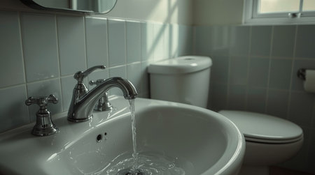 Water flowing from the faucet in the bathroom, selective focusの素材