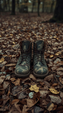 A pair of old military boots on the ground in the autumn forestの素材