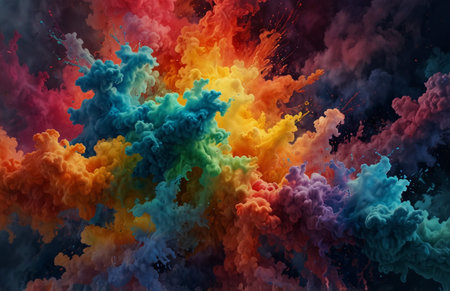 Abstract explosion of colored smoke on dark background. 3d rendering.