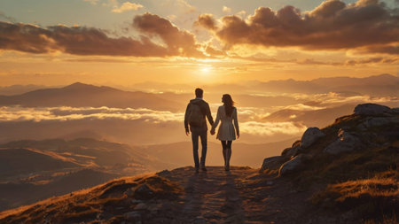 Couple in love on top of a mountain at sunset. Man and woman standing on the top of the mountain and...