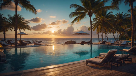 Beautiful luxury swimming pool with umbrella and chair in hotel resort - Vintage Filterの写真素材