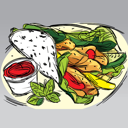 Hand drawn vector illustration of a chicken kebab with ketchup, mayonnaise and a chicken kebab wrap on top. FCのイラスト素材