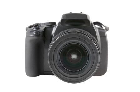 Reflex photocamera over white isolated background