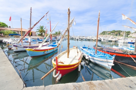 Wooden small boats in the harbour of Sanary sur Mer, in France の写真素材