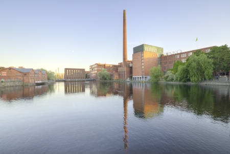  Landscape of an old brick factory and lake reflection at dusk in Tampere Finlandのeditorial素材