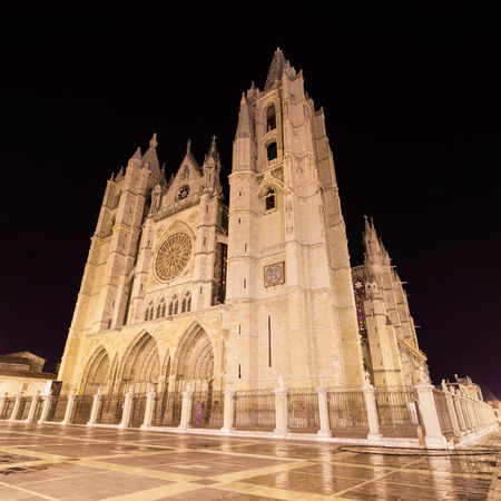 Leon cathedral at night, Leon, Spain.の写真素材