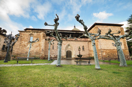 Scenic view of Ezcaray church in la Rioja, Spain, on a stormy day.の写真素材
