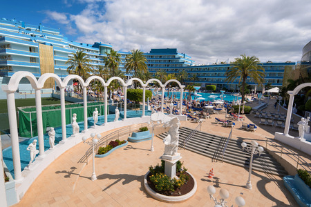 TENERIFE, SPAIN - FEBRUARY 23. Mediterranean palace hotel in Las Americas on February 23, 2016 in Adeje, Tenerife, Spain.  Las Americas is one of the most popular and touristic resorts, in Tenerife South area.のeditorial素材