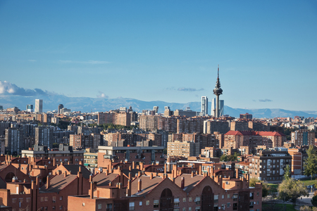 Madrid cityscape with some emblematic buildings: skyscrapers, piruli, and kio towers. Madrid, Spain.のeditorial素材
