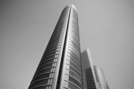 MADRID, SPAIN-4 MAY: Monochrome picture of Cuatro torres financial center in Madrid on 4 May, 2013. These buildings are the highest skyscrapers in Spain with a height of 250 meters.のeditorial素材