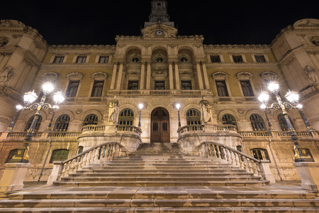 Night scene of Bilbao city hall building, Basque Country, Spain.のeditorial素材