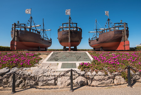 Santander, Spain - April 20, 2017: Monument to Christopher Colombus caravel Ships copys of America discovering, in the Magdalena park, Santander, Cantabria, Spainのeditorial素材