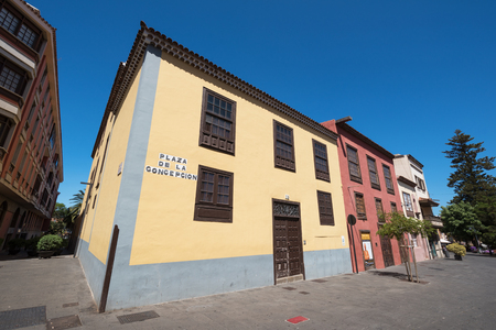 San Cristobal de la Laguna, Spain - August 20, 2016: Colourful historical houses in downtown on August 20, 2016 in La Laguna, Tenerife, Spain.のeditorial素材