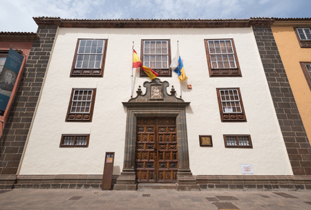 San Cristobal de la Laguna, Spain - August 20, 2016: Colourful historical houses in city downtown on August 20, 2016 in La Laguna, Tenerife, Spain.のeditorial素材