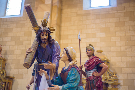 Briviesca, Spain - March, 31, 2018: image of Jesus Christ in holy week procession, interior of the Church of Saint Mary. Holy Week (Semana Santa) in Briviesca, Burgos province , Spainのeditorial素材