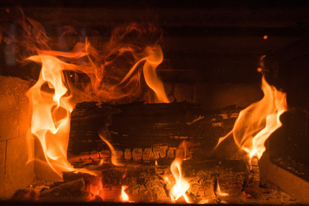 Close up shot of burning firewood in the fireplace.の写真素材