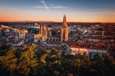 Burgos Cathedral and city panorama at sunset. Burgos, Castile and Leon, Spain.の写真素材