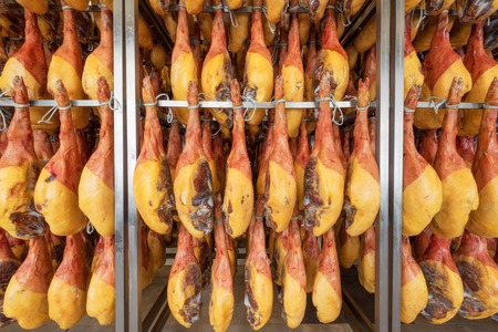 Spanish ham cellar. Food industryの写真素材