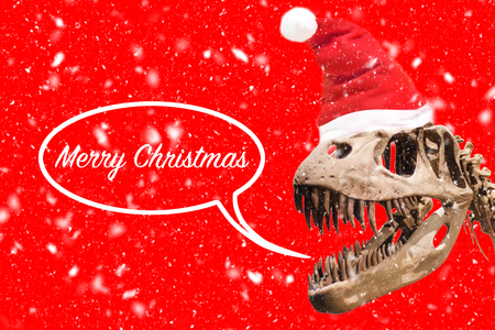Tyrannosaurus Rex head with Christmas hat and snow flakes. thought ballon with merry christmas text on red background.の写真素材