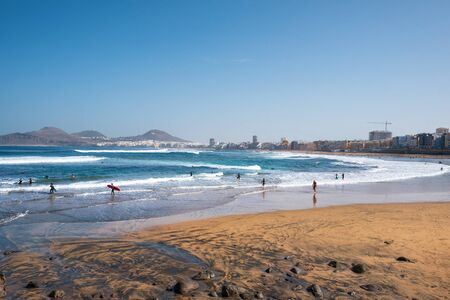 Las Palmas, Spain - March 3, 2019 : Surfers in Las canteras beach, Las Palmas de Gran Canaria Spain.のeditorial素材