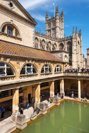 Bath, England - May 13, 2019 : inside of Roman Baths which is a site of historical interest in the...