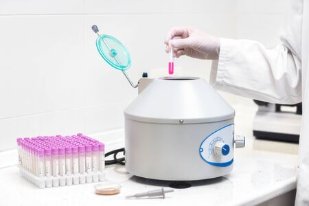 Technician loading a sample to centrifuge machine in the medical or scientific laboratory.