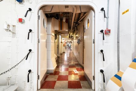London, United Kingdom - May 13, 2019: HMS Belfast warship museum interior, saw action during the second world war, is now permanently moored as a museum ship on the River Thames in London.のeditorial素材